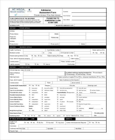printable hospital admission forms